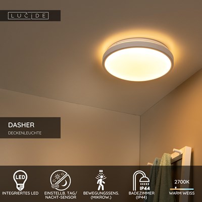 Lucide DASHER - Deckenleuchte Badezimmer - Ø 34,8 cm - LED - 1x18W 2700K - IP44 - Bewegung und Tag/Nacht-Sensor - Weiß